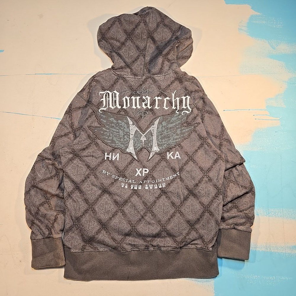 Monarchy Los Angeles XL Zip Hoodie Gray Allover Print Gothic M‎ Logo Streetwear